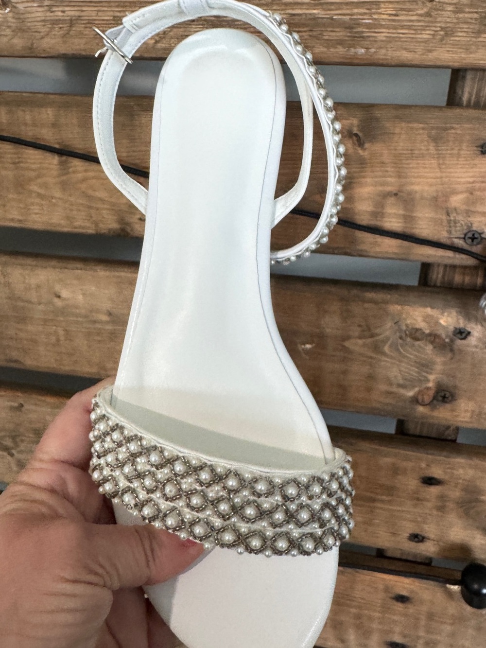 White pearl embellished, flat sandals women’s size 8 bridal